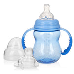 Blue baby bottle with handles and two clear silicone nipples on a white background