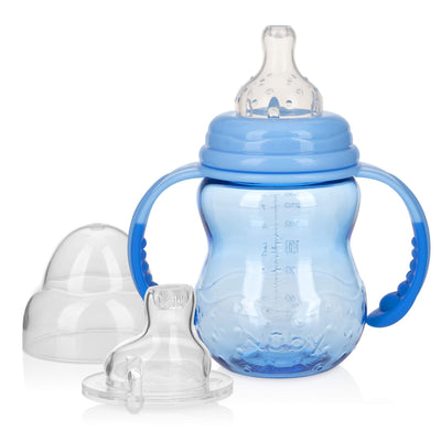 Blue baby bottle with handles and two clear silicone nipples on a white background