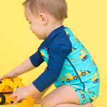 RUGGEDBUTTS Baby/Toddler Boy Swimsuit, One Piece Zipper Rash Guard Sunsuit with UPF 50+ Sun Protection - Under Construction, 6-12m