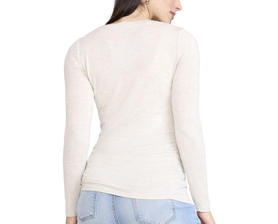 Motherhood Maternity Women's Long Sleeve Side Ruched V-Neck Pregnancy Tee Shirt, Heather Oatmeal, Medium