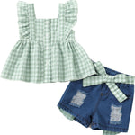 Kucnuzki Baby Girl Clothes Toddler Girl Summer Two Piece Outfit Kids Ruffle Sleeveless Plaid Tops Denim Jeans Shorts Set