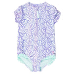 RuffleButts Girls UPF50+ Sun Protection Front Zipper Short Sleeve Rash Guard One Piece Swimsuit - Magical Mermaid, 3T