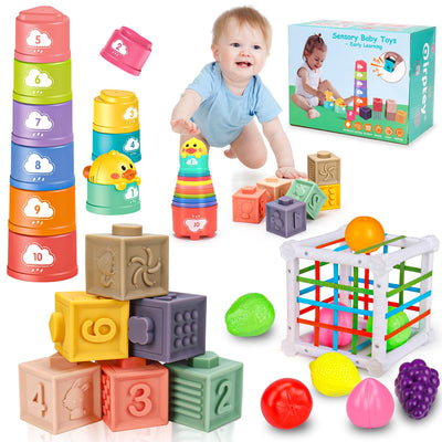 Montessori Baby Toys 6-12-18 Month, Infant Teething Toys Shape Sorter Bin Stacking Cups Blocks for toddlers 1-3, Sensory Educational Learning Toy for 6 7 8 9 10 Month Old Girl Boy 1 2 Year Old Gifts