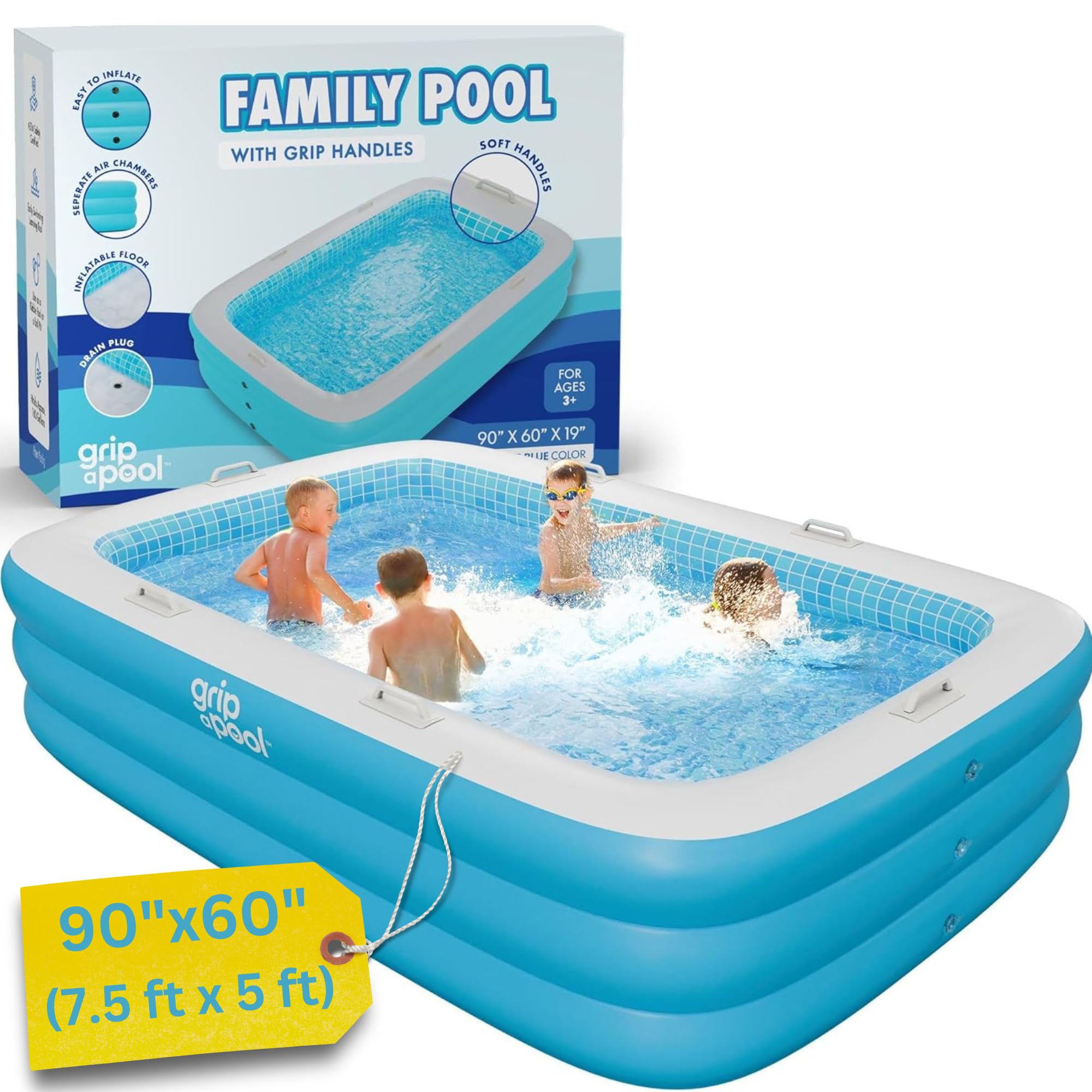 Inflatable for Kids and Adults 90"x60" (7.5'x5') with Soft Padded Floor, Handles and Drain, Kiddie Swimming Pool, Big Blow Up Backyard Pool for Ages 3+, Playful - Pink