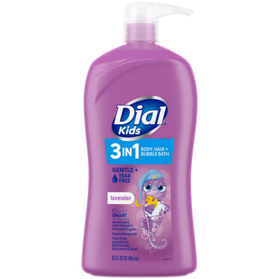 Purple bottle of Dial Kids 3-in-1 body wash with a cartoon character on a white background