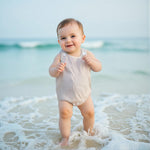 Youweixiong Newborn Baby Boy Girl Striped Romper Sleeveless Cotton Linen Bubble Bodysuit Button Shoulder Jumpsuit Tank Summer Overalls (Khaki, 0-3 Months)