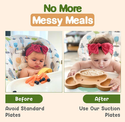 Bamboo Plates for Kids - Baby & Toddler Plates with Suction for Feeding & Weaning, Eco-Friendly Bear Design Promotes Self-Feeding, Ideal for Busy Moms & Dads, Sturdy & BPA-Free (Mint)