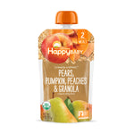 Happy Baby Organics Stage 2 Baby Food Pouches, Gluten Free, Vegan & Healthy Snack, Clearly Crafted Fruit & Veggie Puree, Pumpkin, Peaches & Granola, 4 Ounces (Pack of 16)