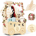 Wooden Baby Shower Basket with Hanger Rack - Personalized Baby Gift, Newborn Essentials Organizer for Nursery, Welcome Gift Basket for Newborn, Pregnancy Gifts for New Parents.