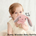 Pink Bunny Wooden Baby Rattle 2 PCS 10'' Rabbit Crochet Cotton Stuffed Animal Toys Set for Baby: Rabbit Plush Doll Toy and 5.9'' Baby Rattle Teddy Bear for Newborn Baby Shower Birthday Gift