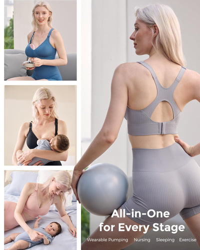 Momcozy Nursing Bras for Breastfeeding, Ribbed Maternity Bra with Racerback, Soft Stretchy Nursing Sports Bra for Yoga Gray