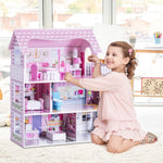 Costzon Wooden Dollhouse for Kids, 3-Story Semi-Open Doll House with 5 Rooms & 8 Pieces Furniture Accessories, Balcony, Preschool DIY Pretend Play Dollhouse Toy, Gift for Girls & Boys Ages 3+