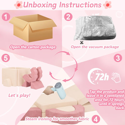 Annualring 10-Piece Mini Kids Play Couch, Modular Flower Foam Sofa for Toddlers, Convertible Soft Play Sofa with Washable Cover, Indoor Climbing Furniture for Nursery & Playroom, Pink & Beige