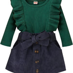 fhutpw Baby Toddler Girl Outfits Fall Winter Clothes Turtleneck Knitted Cotton Long Sleeves Tops & Button Mini Skirts Set