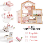 ROBUD Doll House, Wooden Dollhouse with 6 Rooms, 29-pcs Furniture Set, Working Elevator, Garage, Swimming Pool, Ideal Gift for Kids Ages 3+ (Pink)