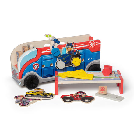 Wooden toy vehicle set with a camper and cars on a white background