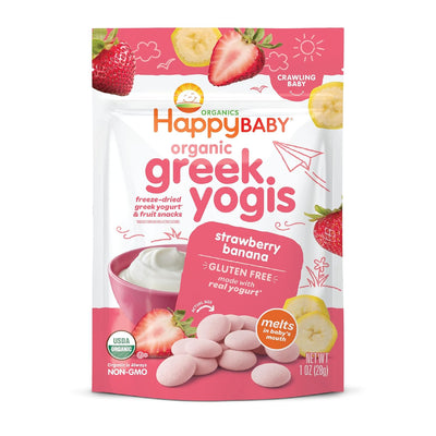 Happy Baby Organic Greek Yogis strawberry banana flavor package on a white background