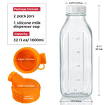Dwbligt 32 oz Reusable Glass Milk Bottles with Silicone Dispenser Cap, 2 Pack Glass Jars with Airtight Screw Lid, Leak Proof Juice Bottles with Scale Mark Breastmilk Storage Container for Fridge