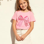 PATPAT Girls T Shirts Size 8-9 Years, Leopard Bow Print Graphic Tees Crew Neck Short Sleeve Shirts Back to School Clothes Summer Outfits Cute Summer Tops