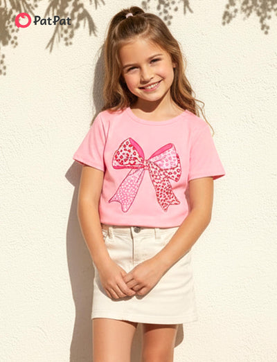 PATPAT Girls T Shirts Size 8-9 Years, Leopard Bow Print Graphic Tees Crew Neck Short Sleeve Shirts Back to School Clothes Summer Outfits Cute Summer Tops