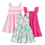 PATPAT 3 Packs Girl Toddler Dresses Sleeveless Flamingo Striped Toddler Summer Casual Dresses 18-24 Months Multicoloured