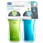 Chicco Flip-Top Straw Cup 9oz | Insulated Toddler Sippy Cup with Soft Silicone Straw | No-Spill Valve | Easy-Clean | BPA-Free | 2pk | For Ages 12+ Months | Green Play/Teal
