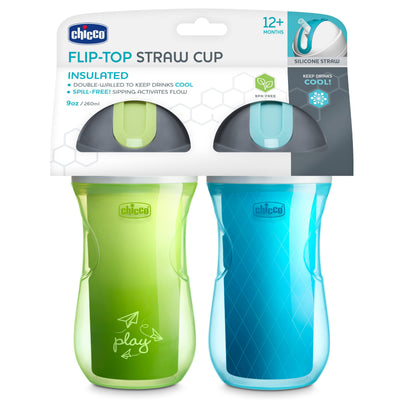 Chicco Flip-Top Straw Cup 9oz | Insulated Toddler Sippy Cup with Soft Silicone Straw | No-Spill Valve | Easy-Clean | BPA-Free | 2pk | For Ages 12+ Months | Green Play/Teal