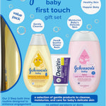 Johnson's First Touch Baby Gift Set, Baby Bath, Skin & Hair Essential Products, Kit for New Parents with Wash & Shampoo, Lotion, & Diaper Rash Cream, Hypoallergenic & Paraben-Free, 4 items