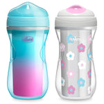 Two children's sippy cups with floral design on a white background