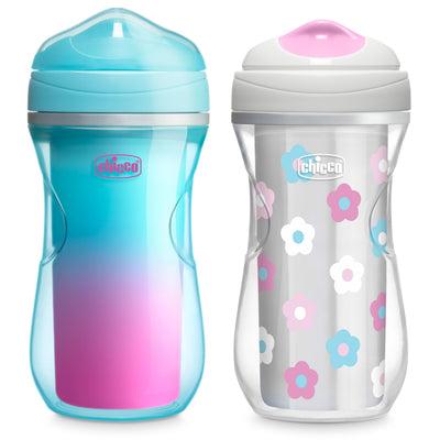 Two children's sippy cups with floral design on a white background