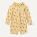 Yellow baby romper with crab pattern on a white background