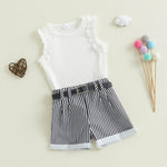 FOCUSNORM Toddler Baby Girl Summer Clothes Solid Sleeveless Ruffle Tank Top and Striped Short Set Newborn Infant Girl Outfits (Stripe White, 2-3T)