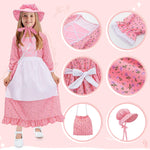 Meland Pioneer Dress for Girls - Colonial Floral Costume with Bonnet, Apron & Purse, Pionner Outfit for Girls 3-12 Years