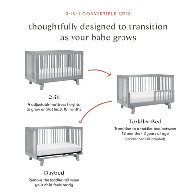 Babyletto Hudson 3-in-1 Convertible Baby Crib - GREENGUARD Gold Certified Convertible Crib to Toddler Bed & Daybed - Wooden Baby Bed with 4 Adjustable Mattress Heights - Strong & Easy Assembly - Grey