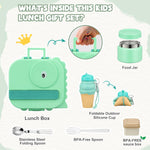 Aimsnk Magical Dinosaur Kids Lunch Box Set -12oz Insulated Food Jar, Leakproof Lunch Food Containers Cutlery, Leak-Proof Sauce Cup & Spoon, Gradient Green+Jar Green