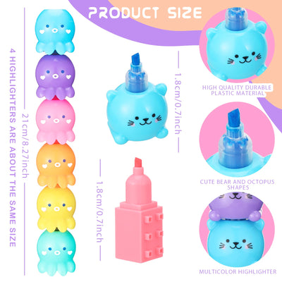Teling 4 Pack 20 Pcs Cute Mini Highlighter Pens Multicolor Highlighters for Kid Student Back to School Supply Pastel Color Stackable Markers Stationery for Teacher Office(Octopus, Blocks, Cat, Flower)