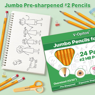 V-Opitos 24 Pack Jumbo #2 HB Pencils for Kids, Triangle Shape Pre-sharpened Wood-Cased Pencils with Top Erasers, Ideal Home, Kindergartens, School Classroom Supplies