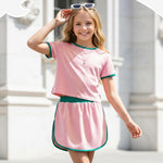 PATPAT Girls 2 Piece Outfits Size 7-8 Years, Pink Green Color Block T Shirts and Skorts Clothing Sets, Girls Summer Outfits, Trendy Clothes Skirt Sets Summer Clothes Lounge Sets