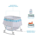 Dream On Me Lacy Portable 2-in-1 Bassinet & Cradle with Full Canopy, Storage Basket, Locking Wheels, Lightweight Frame, JPMA & BSA Certified, Includes 1” Mattress Pad -Blue and White