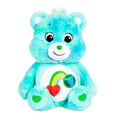 Blue teddy bear with a rainbow and heart design on a white background