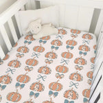 Fall Pink Pumpkins Bows Gingham Baby Crib Sheets for Girls Autumn Thanksgiving Harvest Soft Snug Fitted Crib Mattress Covers for 52''x28'' Standard Crib & Toddler Mattress Halloween Bed Sheets