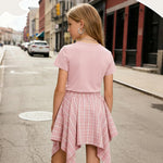 PATPAT Girls 2 Piece Skirt Sets Size 11-12 Years, Pink Shirts + Pink Plaid Skirts Clothing Sets Summer Outfits, Preppy Clothes for Girls Y2K Outfits Streetwear