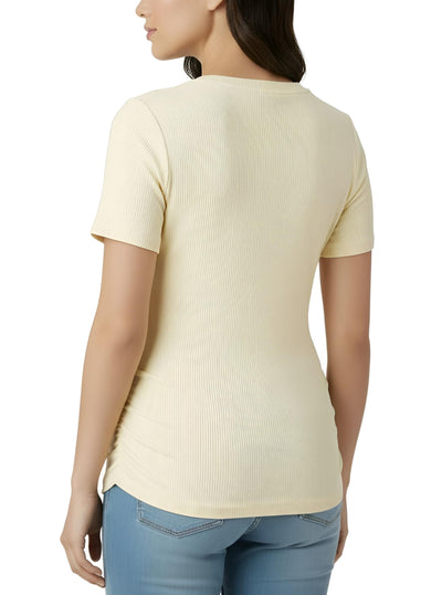 Motherhood Maternity Women's Short Sleeve Crew Neck Side Ruching Pregnancy Tee Shirt, Soft Yellow, Small