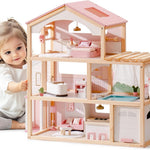 ROBUD Doll House, Wooden Dollhouse with 6 Rooms, 29-pcs Furniture Set, Working Elevator, Garage, Swimming Pool, Ideal Gift for Kids Ages 3+ (Pink)