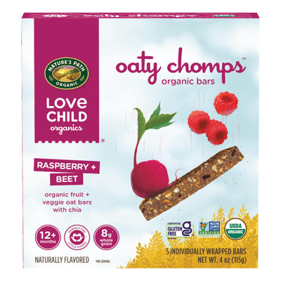 Box of Nature's Path Oaty Chomps organic bars with raspberry and beet flavor on a white background