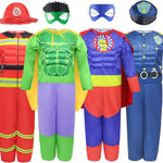 Boys Muscle Chest Dress up Costumes Trunk with Superhero, Policeman, Fireman Costume, Kids Pretend Role Play Costumes Set, Boys Dress up Clothes for Kids Ages 3 4 5 6 7