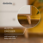 dadada Austin 3-Drawer Dresser for Nursery and Bedroom - Modern Design, Large Storage, Baby-Safe Finish, Anti-Tip Safety, Solid Wood Feet, Durable Construction (White+Red Oak)