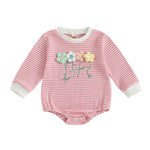Amnnchya Newborn Baby Girl Romper 3D Flower Fall Winter Clothes Striped Waffle Bubble Sweatshirt Cute Coming Home Outfit (Pink, 12-18 Months)