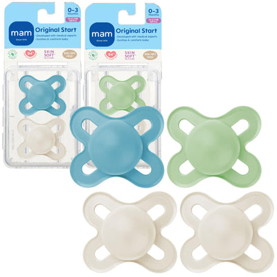 Set of baby pacifiers in blue, green, and beige with packaging on a white background