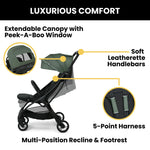 Jeep Altitude Compact Travel Stroller by Delta Children Greenguard Gold, Easy One Hand Fold, Lightweight, Extendable Canopy with Peek-a-Boo Window, Reclining Seat, 4 Wheel Suspension, Olive Green